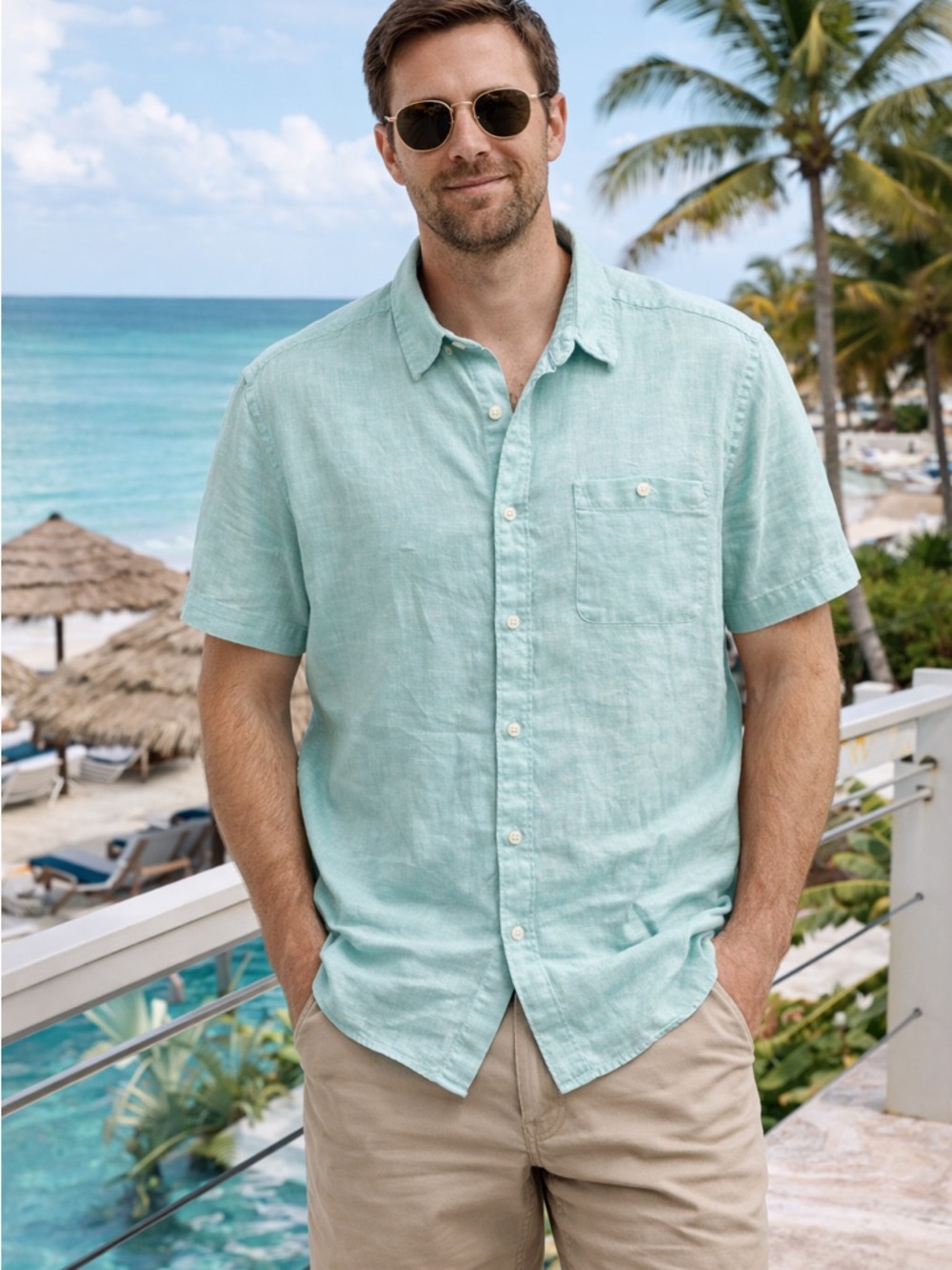 Caribbean Joe Light Mint Short-Sleeve Button-Down Linen Shirt